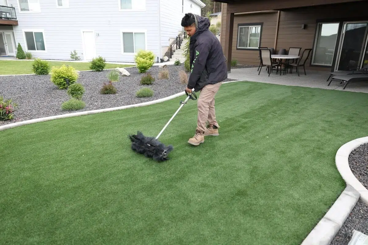 Final cleanup after dethatching and power raking by Greenscape Landscaping, leaving the lawn neat and revitalized.