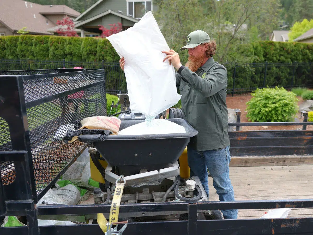 pouring lawn fertilizer